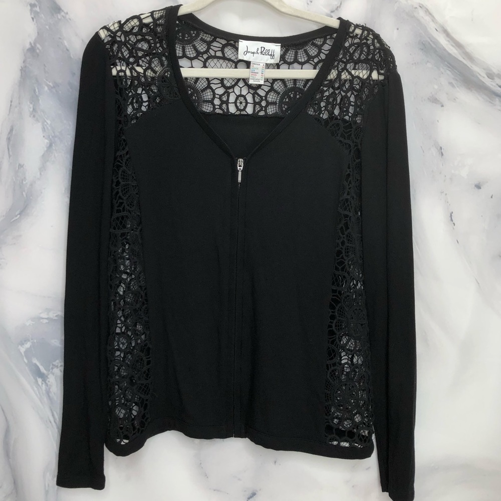 Joseph Ribkoff black zip up cardigan with lace accents